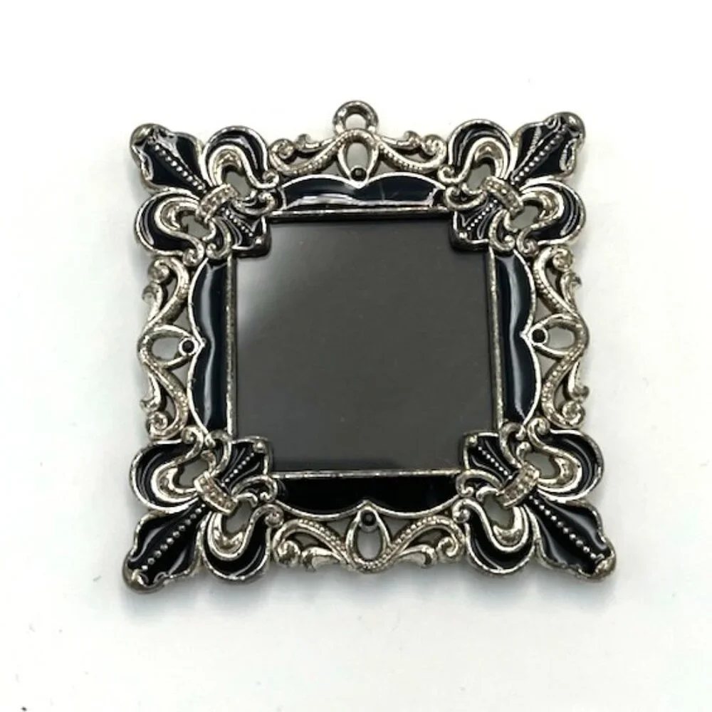 Black Enamel & Faux Pearl Photo Picture Frame Hanging Square Holds 1.75